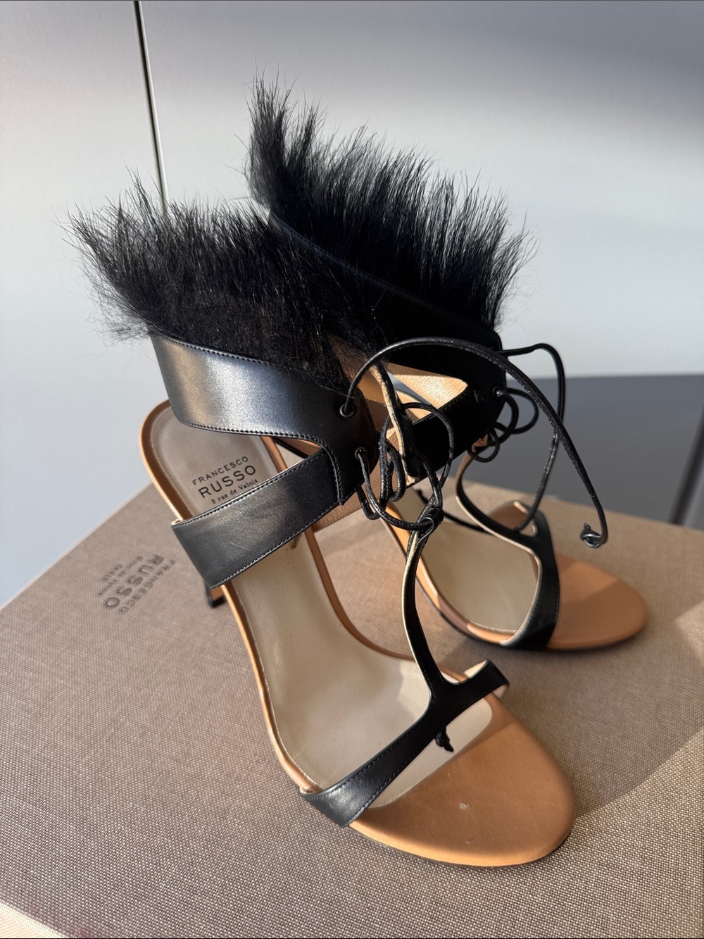 Francesco Russo Black Fur Lace-Up High Heel Sandals